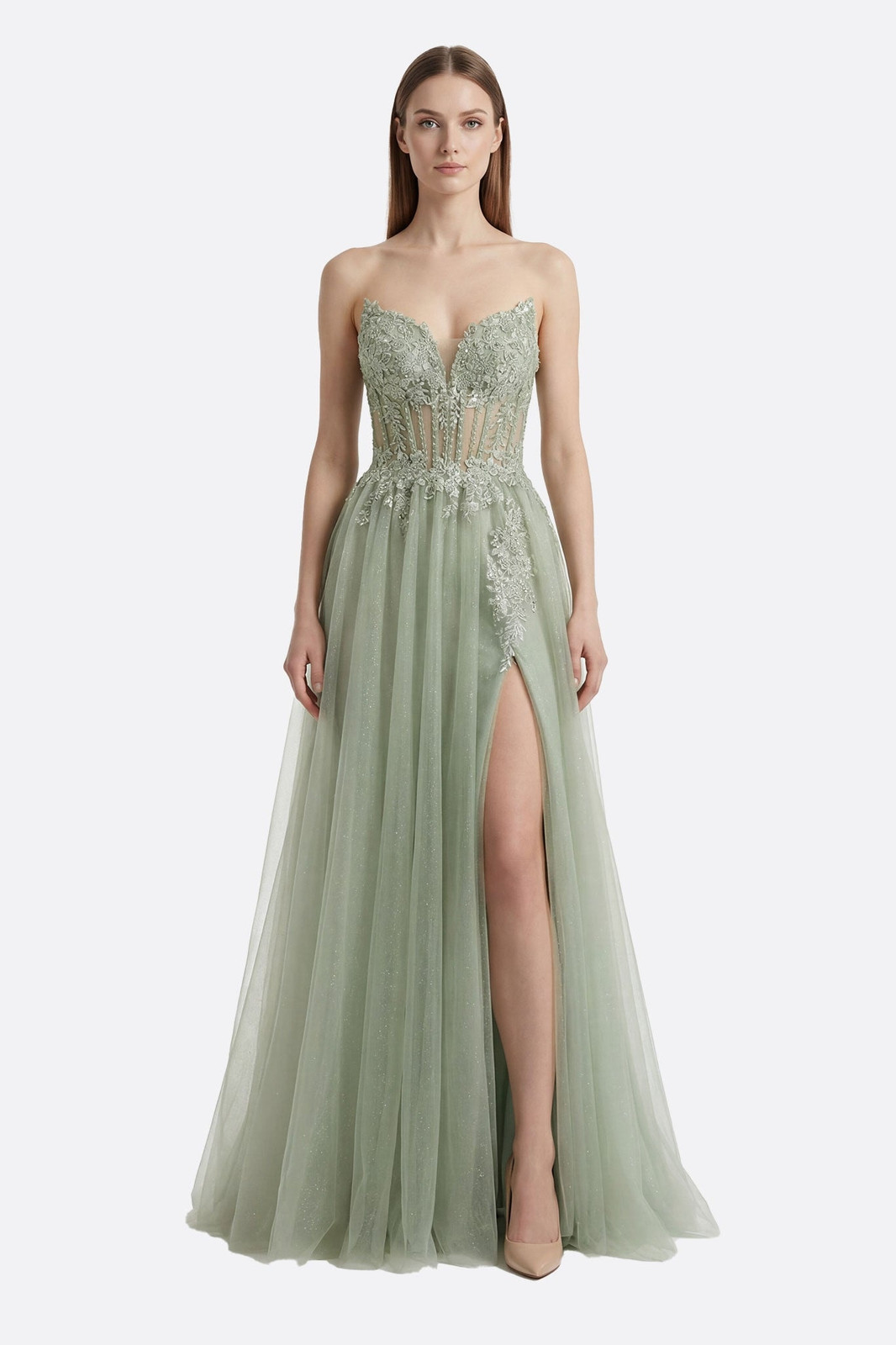 Sage Green Tulle Corset Dress with Beaded Bodice and High Slit Sage Green Tulle Corset Dress with Beaded Bodice and High Slit — Corset Prom Dresses 2027