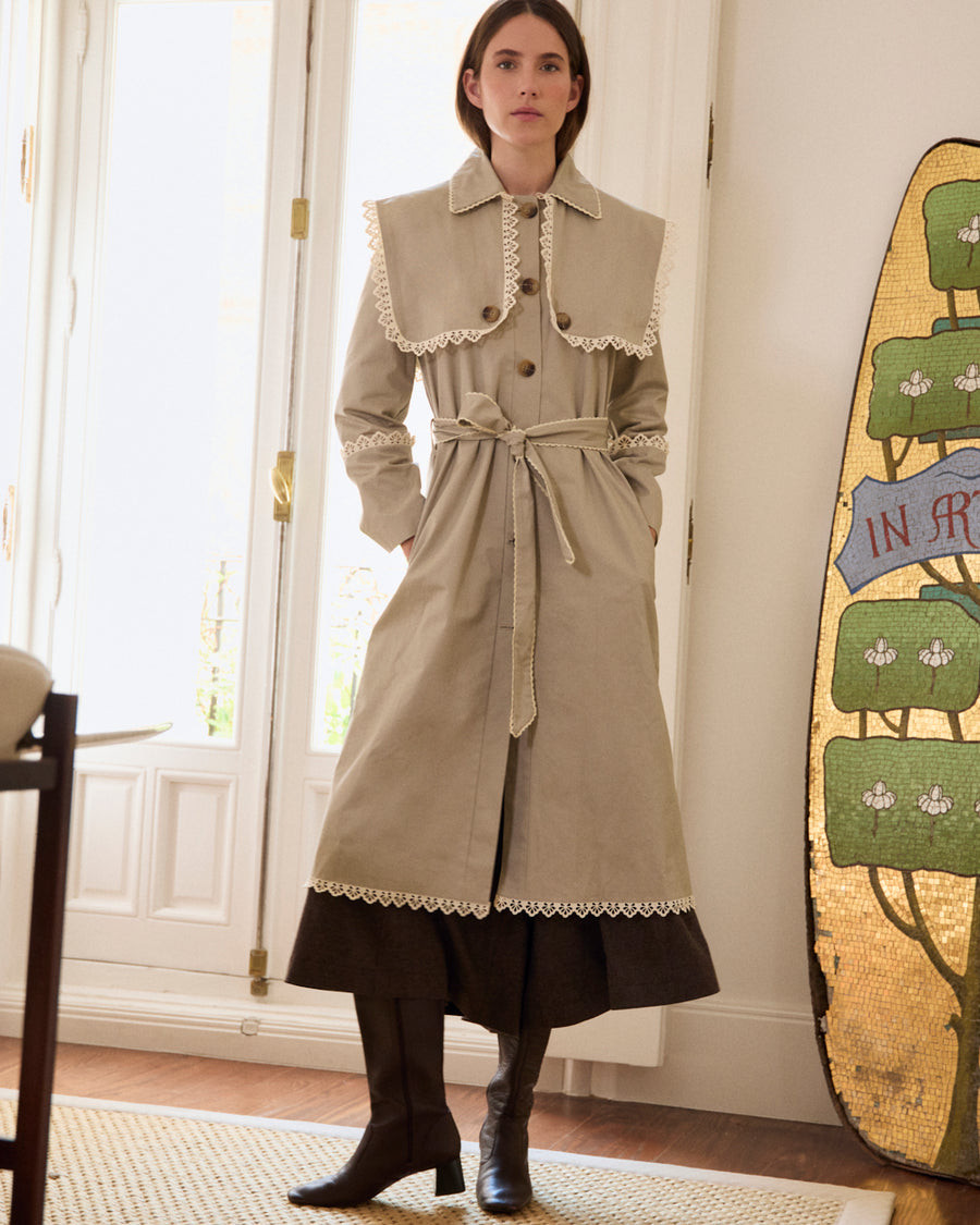 Trench Coat with Lace Detail Over A-Line Skirt Trench Coat with Lace Detail Over A-Line Skirt — Fall Capsule Wardrobe 2026