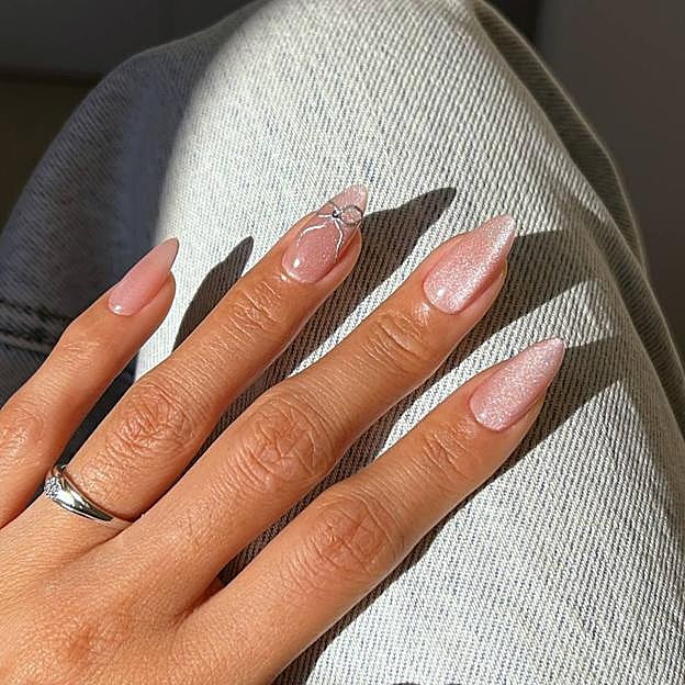 Sheer Pink Stilettos with Silver Bow Sheer Pink Stilettos with Silver Bow — Bow Stiletto Nails 2027