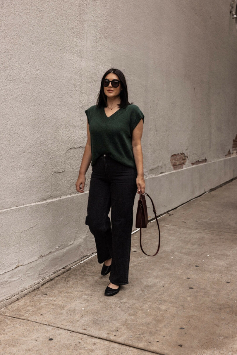 Sleeveless Sweater Vest with Charcoal Wide Leg Jeans Sleeveless Sweater Vest with Charcoal Wide Leg Jeans — Sweater and Jeans Outfits 2027