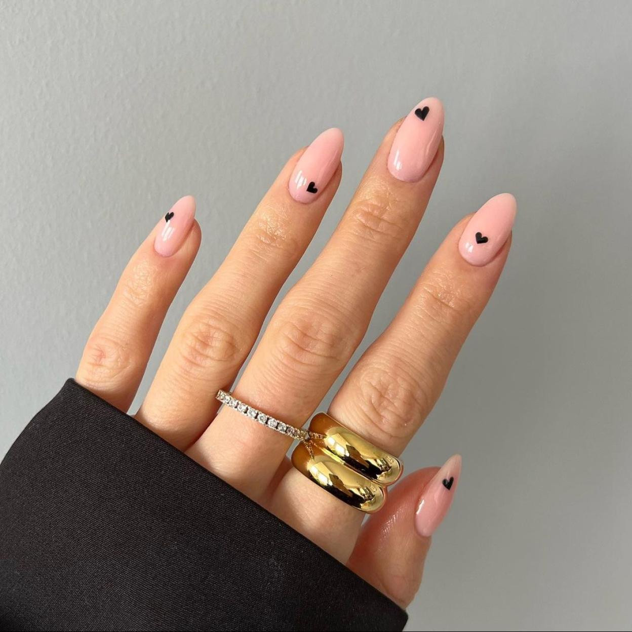 Black Hearts on Sheer Pink Almond Black Hearts on Sheer Pink Almond — Heart Nails 2027