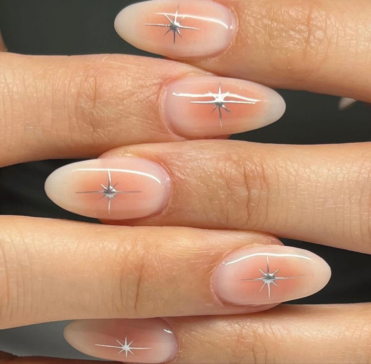 Peachy Pink Aura Nails With Silver Stars — Aura Nails 2027