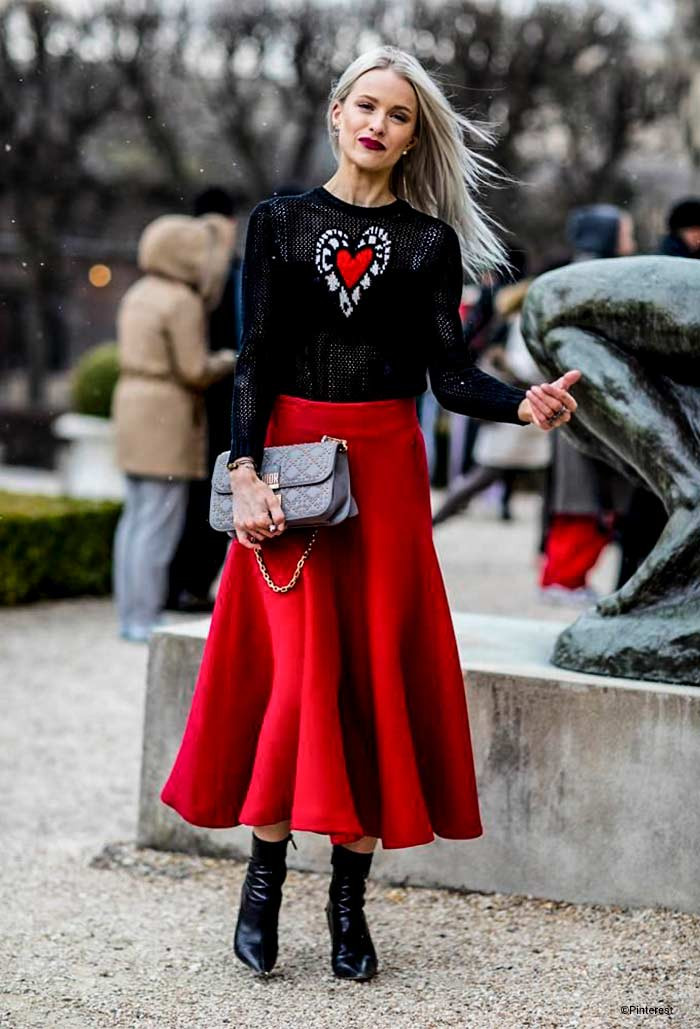 Sweet Heart Motif Sweater Paired with a Flowing Red Skirt — Casual Valentines Outfits 2027
