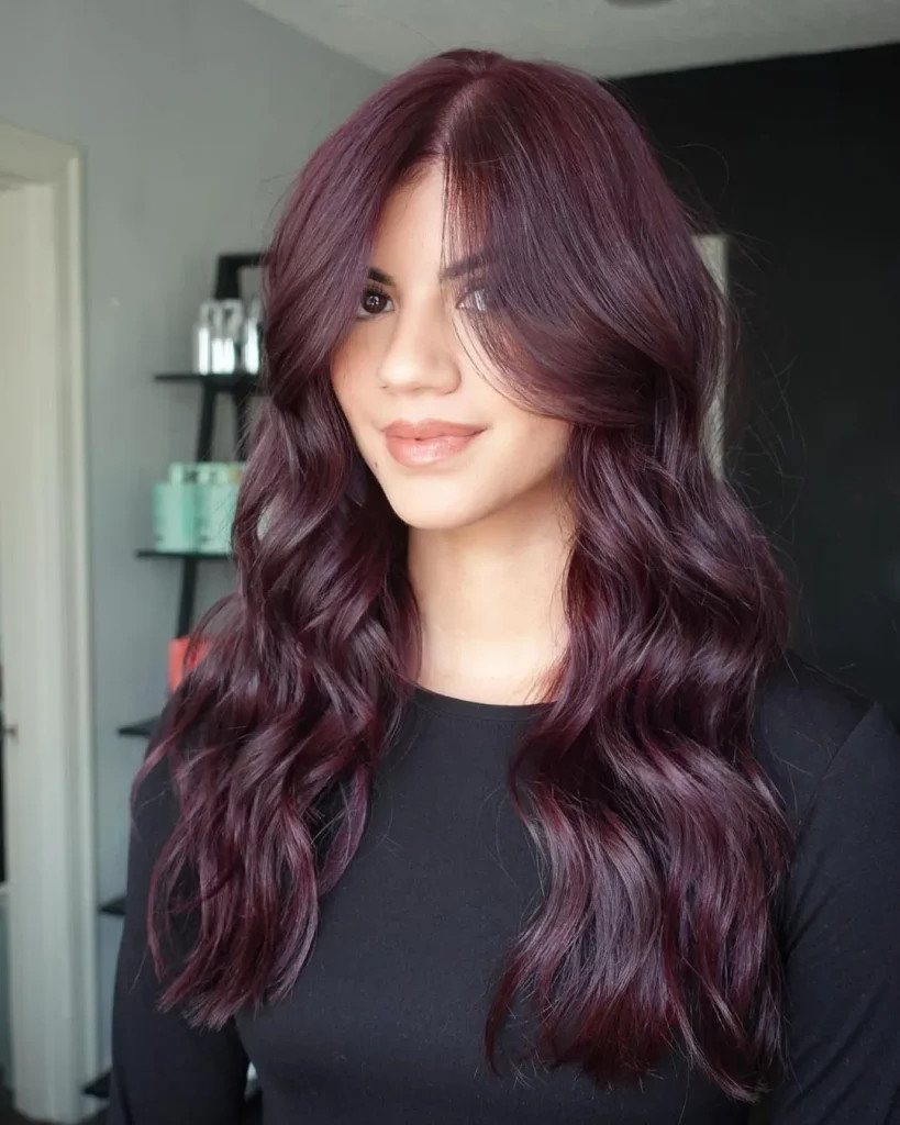Burgundy Mid-Back Waves With Curtain Bangs Burgundy Mid-Back Waves With Curtain Bangs — Mulled Wine Hair 2027