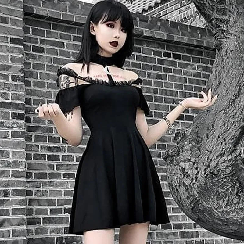 Chic Gothic: Off-the-Shoulder Mini Dress with Lace and Platform Boots Chic Gothic: Off-the-Shoulder Mini Dress with Lace and Platform Boots — Gothic Romantic Outfits 2027