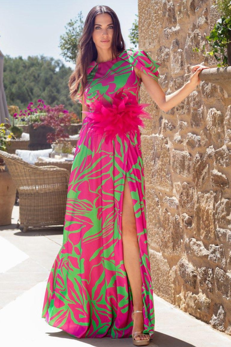 Hot Pink and Lime Green Printed Satin Dress with Floral Detail Hot Pink and Lime Green Printed Satin Dress with Floral Detail — Going Out Dresses 2027