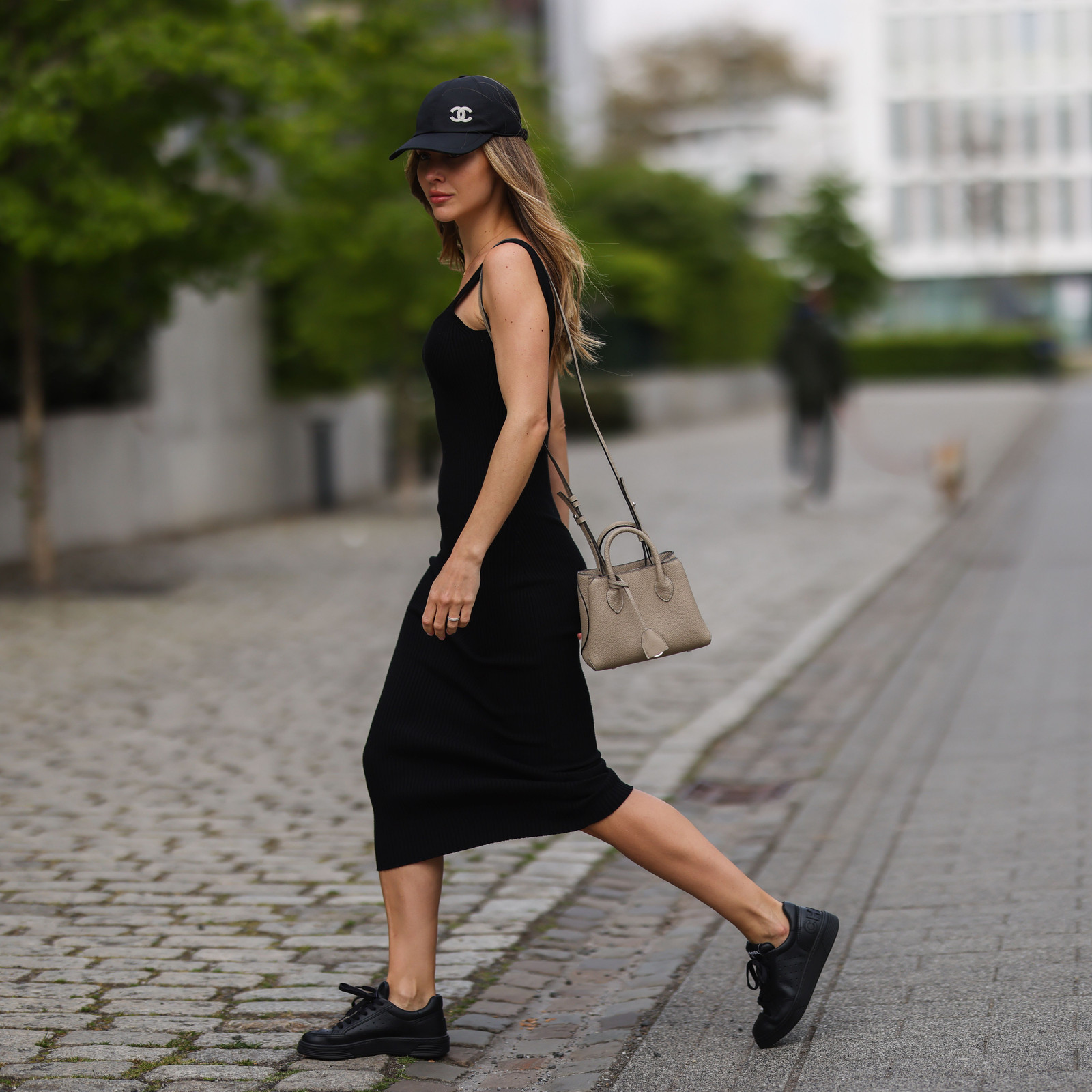 Black Ribbed Midi Dress With Baseball Cap — Close-Up Take Black Ribbed Midi Dress With Baseball Cap — Close-Up Take — Sneakers 2027 with Dress Outfits