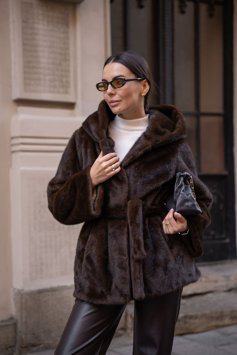Hooded Dark Brown Faux Fur Jacket with Belt Hooded Dark Brown Faux Fur Jacket with Belt — Faux Fur Outfits 2027