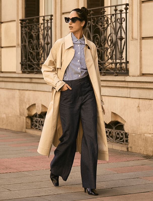 Chic Beige Trench Over Stripes and Wide-Leg Denim for Smart Casual Networking Chic Beige Trench Over Stripes and Wide-Leg Denim for Smart Casual Networking — Networking Outfits 2027