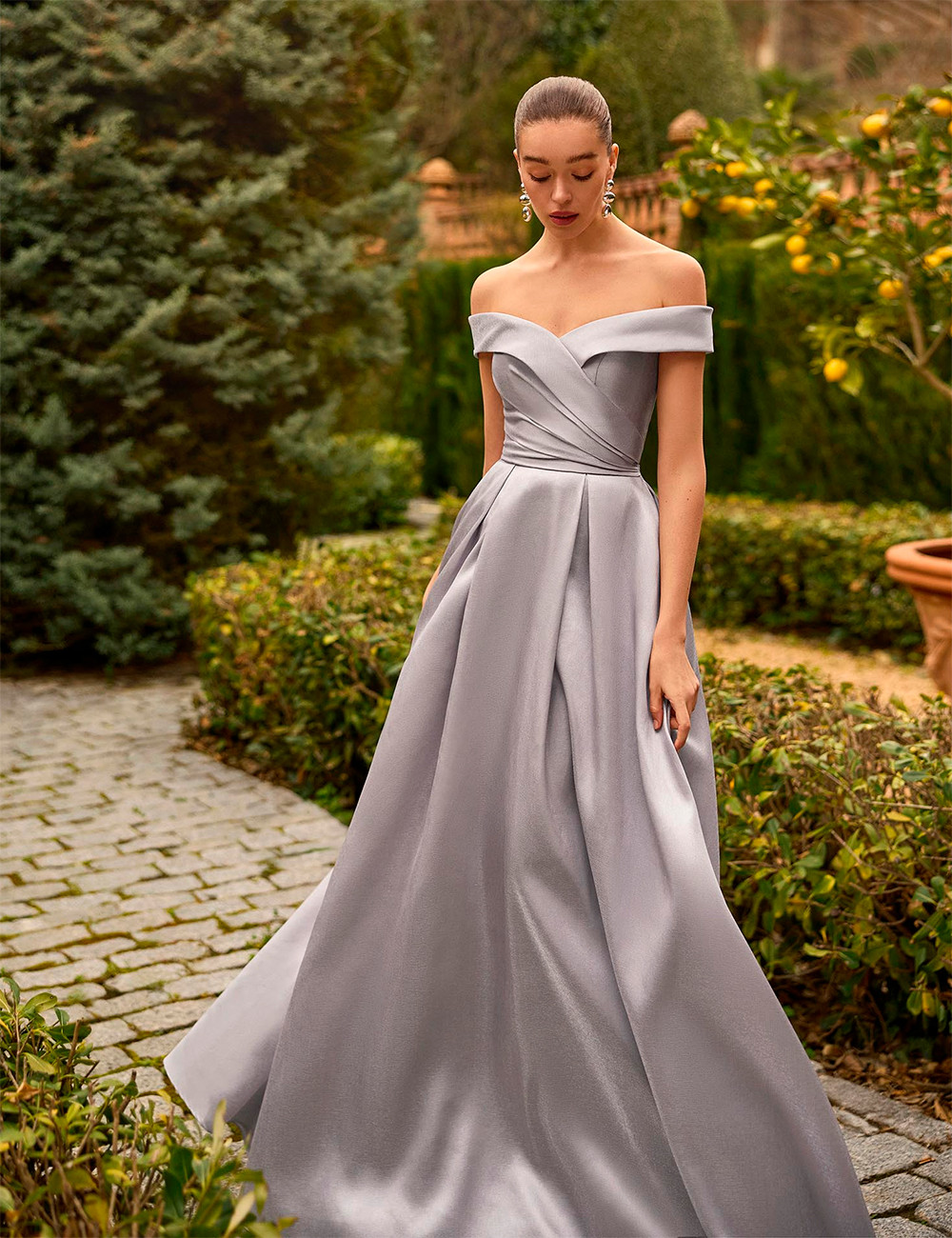 Silver Off-the-Shoulder A-Line Satin Dress — Satin Bridesmaid Dresses 2027