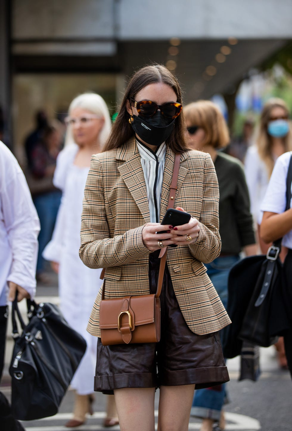 Layered Textures: Brown Plaid Blazer with Leather Shorts Layered Textures: Brown Plaid Blazer with Leather Shorts — Plaid Outfits 2027