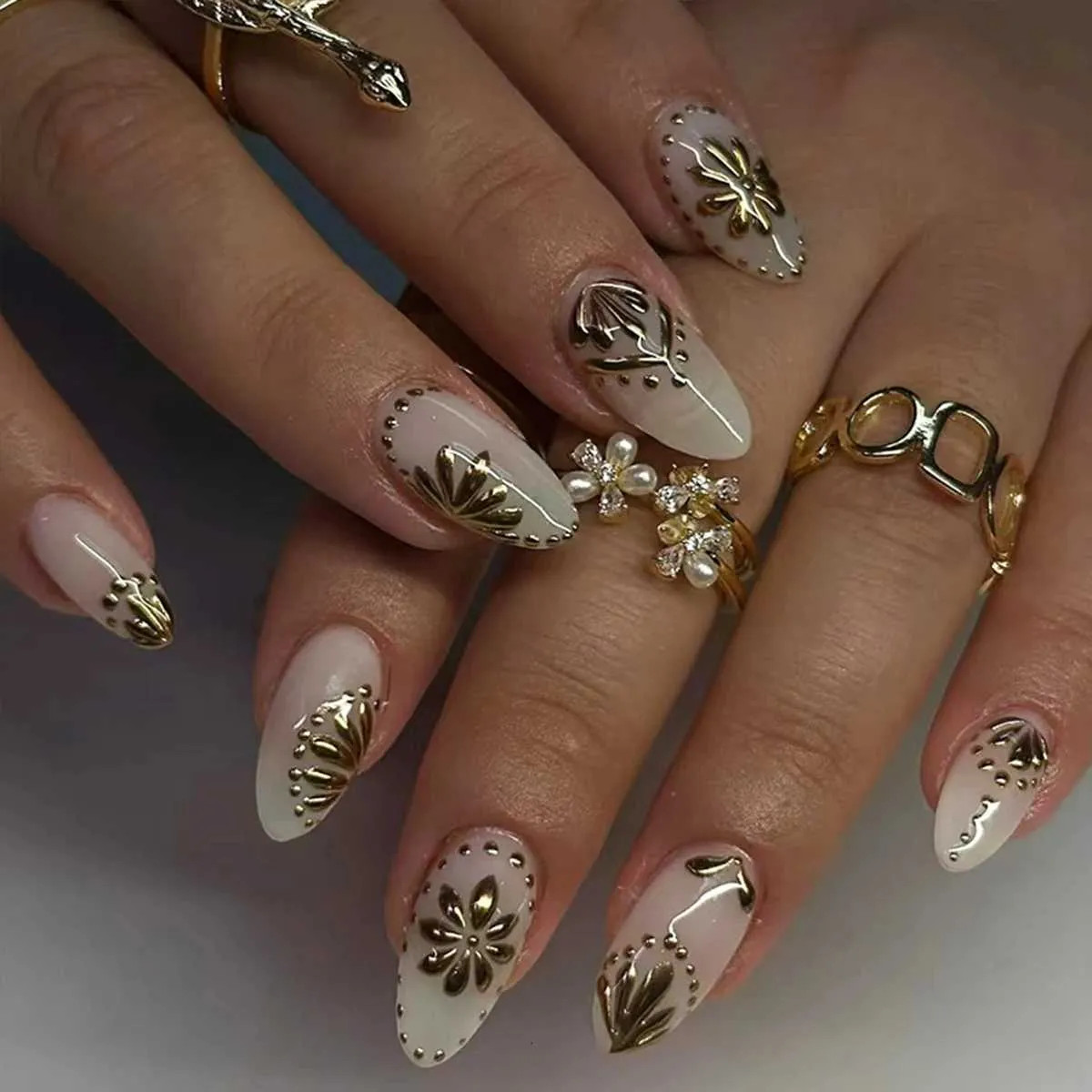 Ornate Gold Embellished Oval Stilettos Ornate Gold Embellished Oval Stilettos — Press On Nails 2027