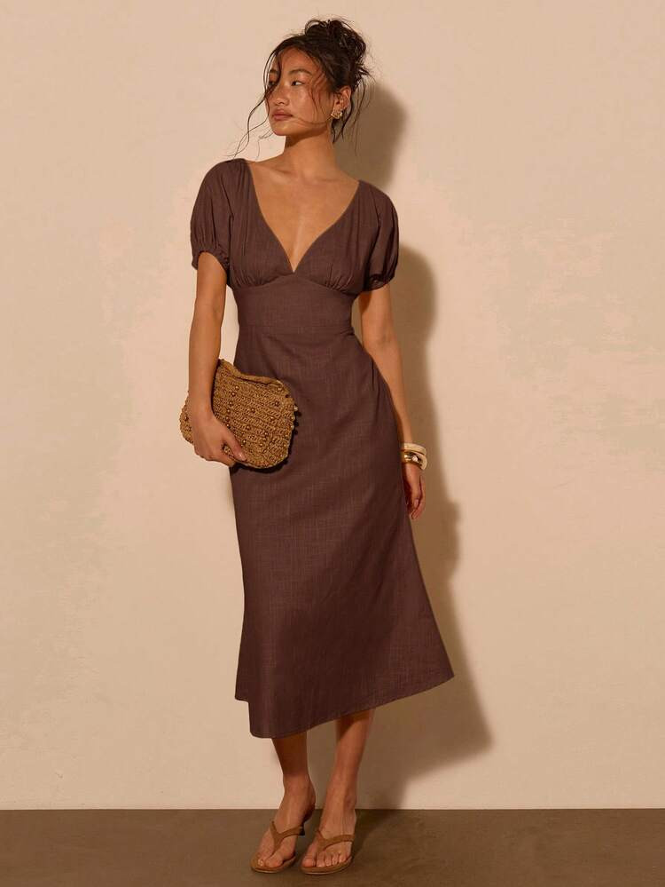 Moca Brown A-line Midi Dress with Puffed Sleeves for Casual Brunch Moca Brown A-line Midi Dress with Puffed Sleeves for Casual Brunch — Cute Brunch Dress 2027