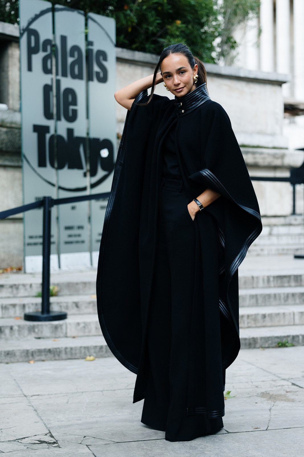 Avant-Garde Black Cape with Leather Trim — Trendy Outfits 2027