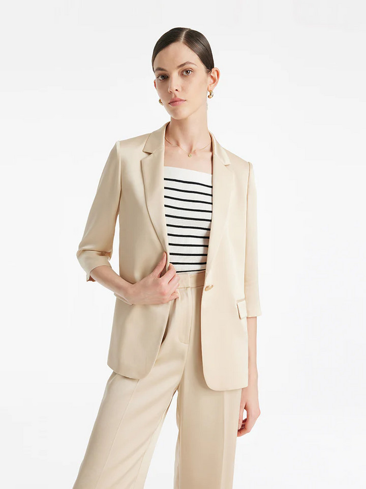 Satin Beige Blazer with Striped Top and Trousers Satin Beige Blazer with Striped Top and Trousers — Conference Outfits 2027