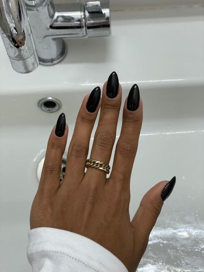 High-Gloss Almost Chrome-Like Visual Idea — Nails 2027 for Brown Skin