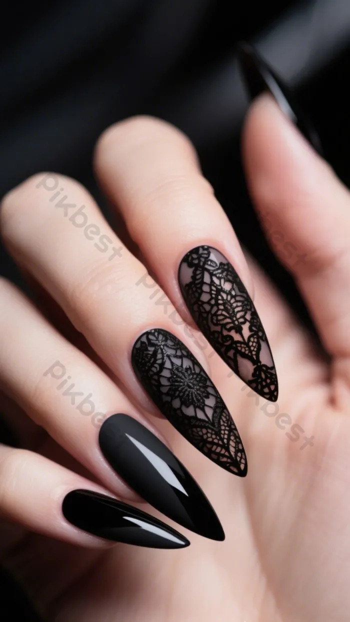 Matte and Gloss Black Lace Stilettos Matte and Gloss Black Lace Stilettos — Lace Nails 2027