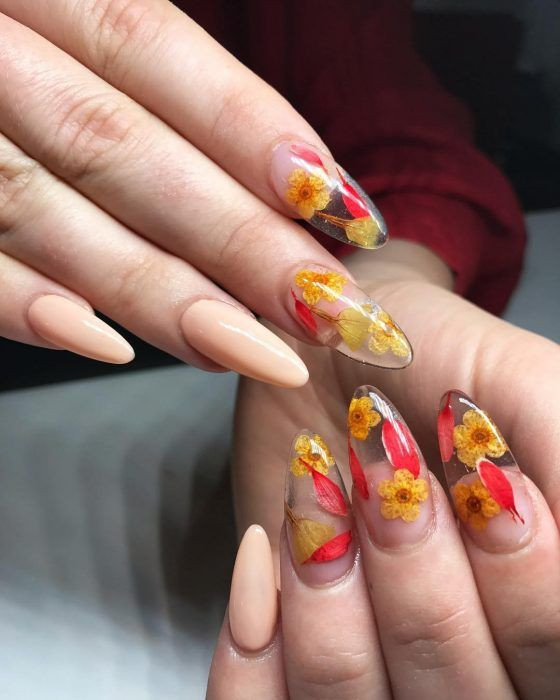 Pressed Yellow Flowers and Red Leaves on Nude Pressed Yellow Flowers and Red Leaves on Nude — Floral Acrylic Nails 2027