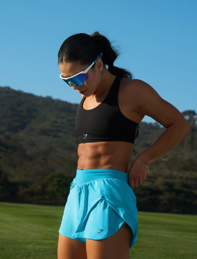 Black Sports Bra and Bright Blue Shorts with White Sunglasses Black Sports Bra and Bright Blue Shorts with White Sunglasses — Running Outfits for Women 2027