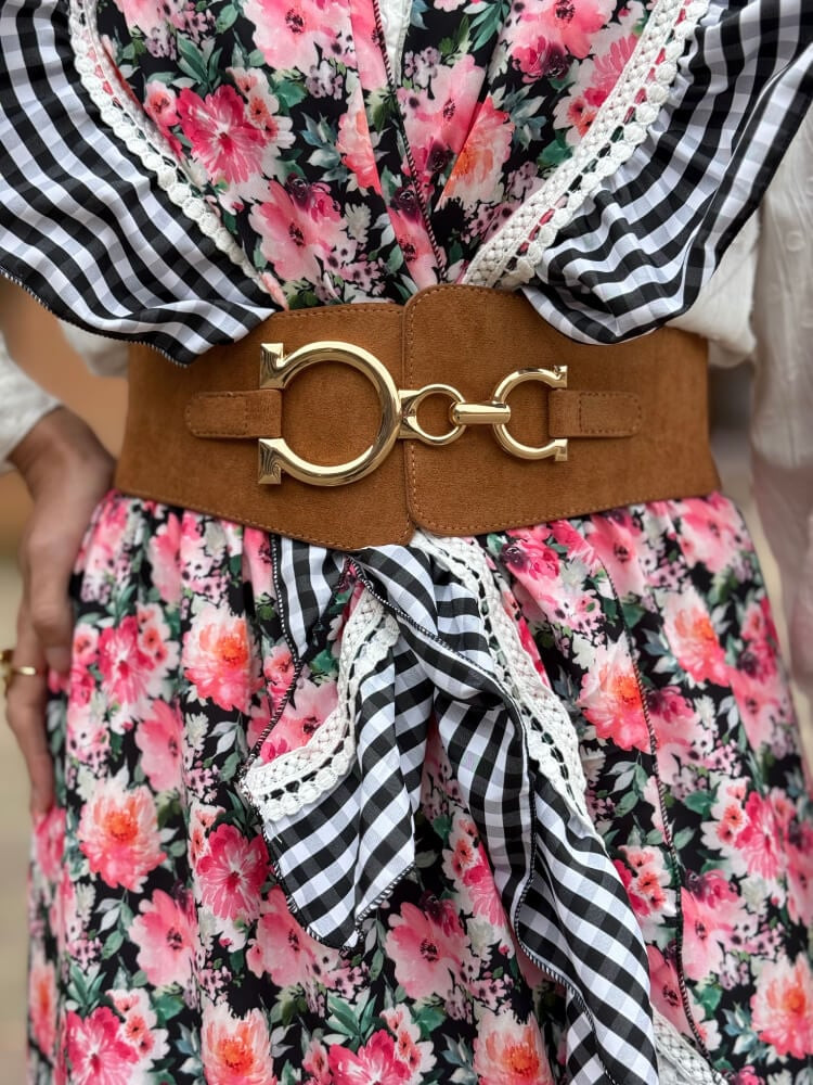 Floral Dress Accented by a Wide Suede Belt Floral Dress Accented by a Wide Suede Belt — Belt Outfits 2027