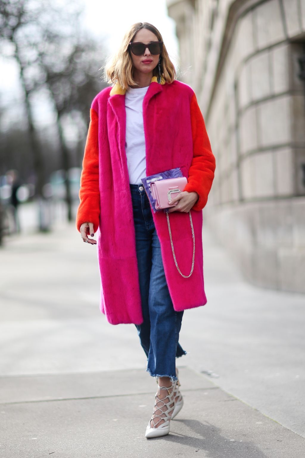 Bold Color-Block Teddy Coat with Jeans and White Heels — Teddy Coat Outfits 2027