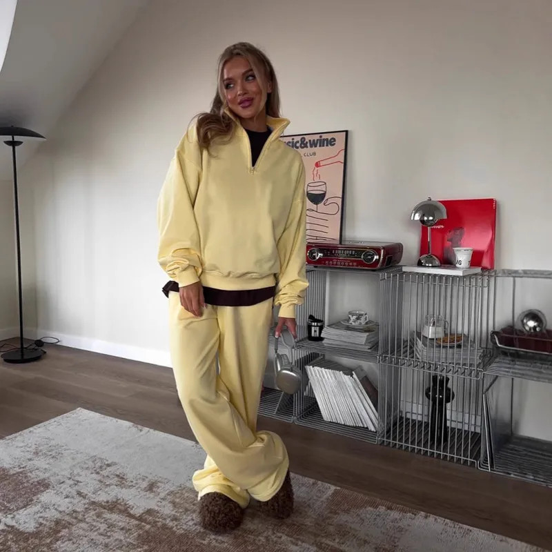 Pale Yellow Quarter-Zip Sweatshirt and Wide-Leg Trouser Loungewear Pale Yellow Quarter-Zip Sweatshirt and Wide-Leg Trouser Loungewear — Matching Set Outfits 2027