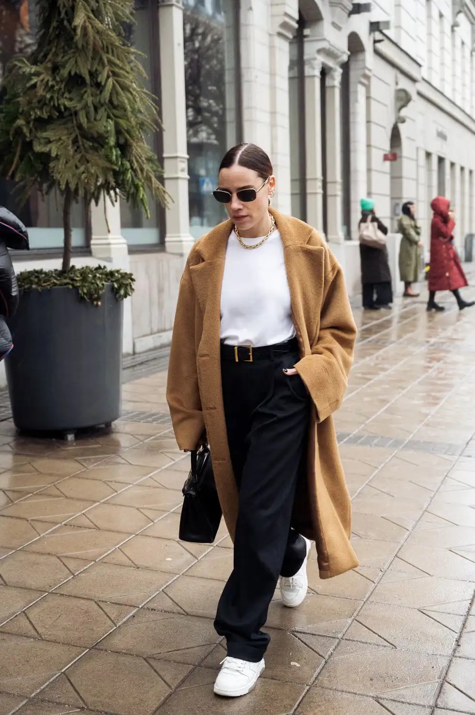 Neutral Sophistication: Black Trousers with Camel Coat and White Sneakers Neutral Sophistication: Black Trousers with Camel Coat and White Sneakers — Flare Leggings Outfits 2027