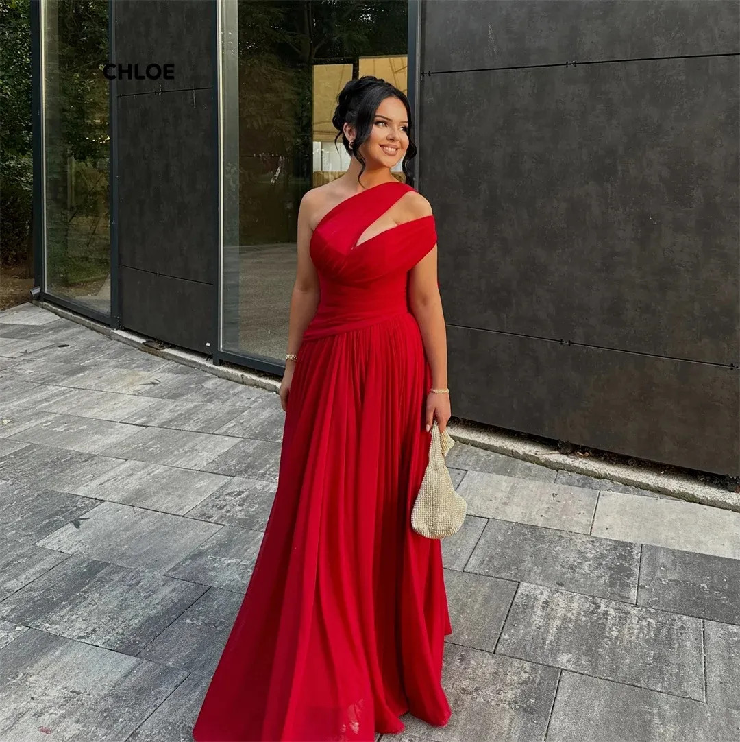 Elegant Red Chiffon One-Shoulder Maxi Dress with Pleated Skirt Elegant Red Chiffon One-Shoulder Maxi Dress with Pleated Skirt — Red Prom Dresses 2027