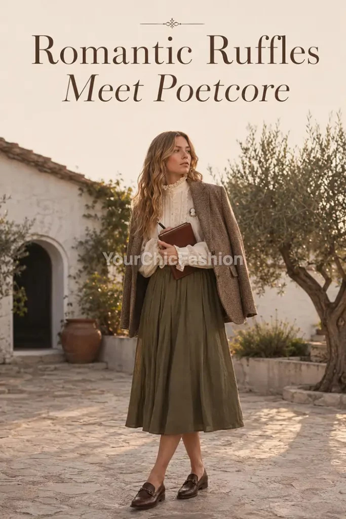 Ruffled Blouse with Tweed Blazer and Book Ruffled Blouse with Tweed Blazer and Book — Poetcore Outfits 2027