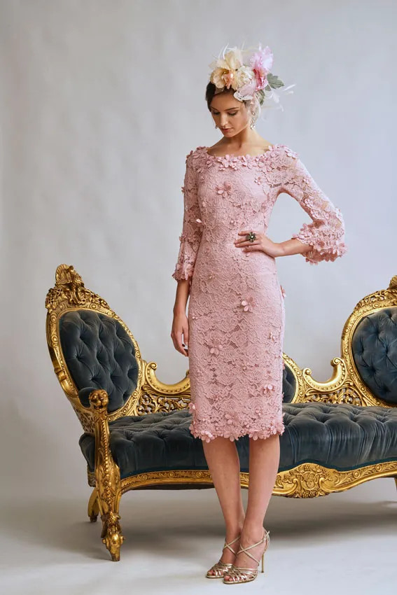 Pink Floral Lace Midi Dress with Bell Cuffs and Headpiece Pink Floral Lace Midi Dress with Bell Cuffs and Headpiece — Mothers Day Church Outfits 2027
