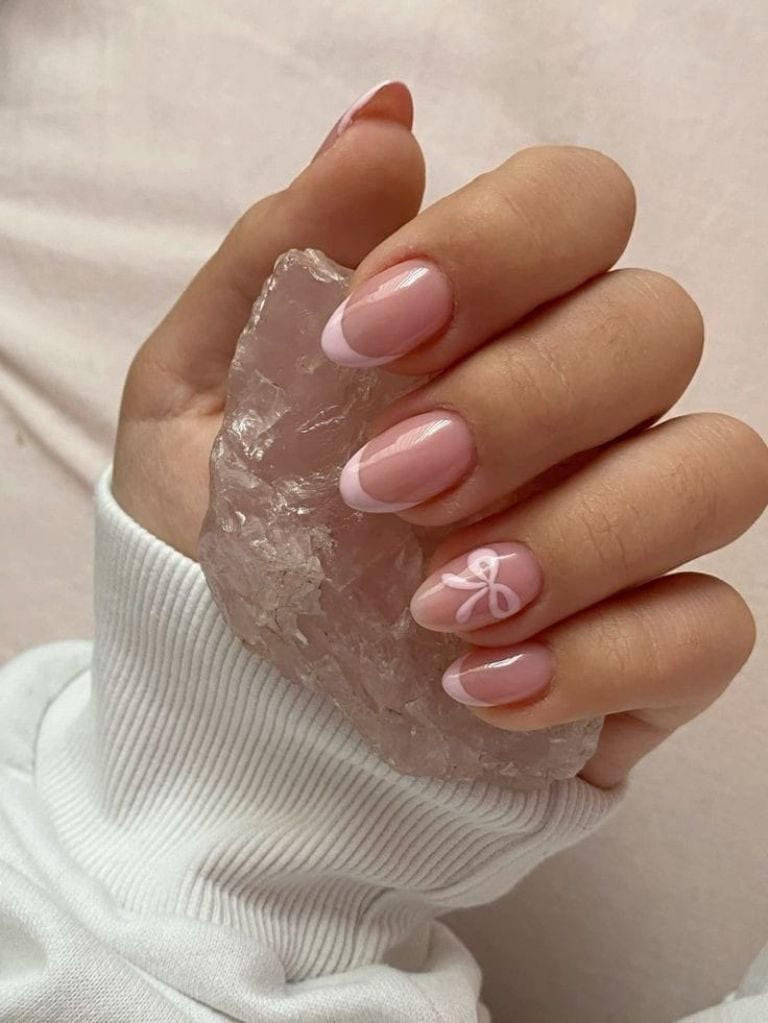 Sheer Nude Red Bow French Oval Nails Sheer Nude Red Bow French Oval Nails — Short Bow Nails 2027