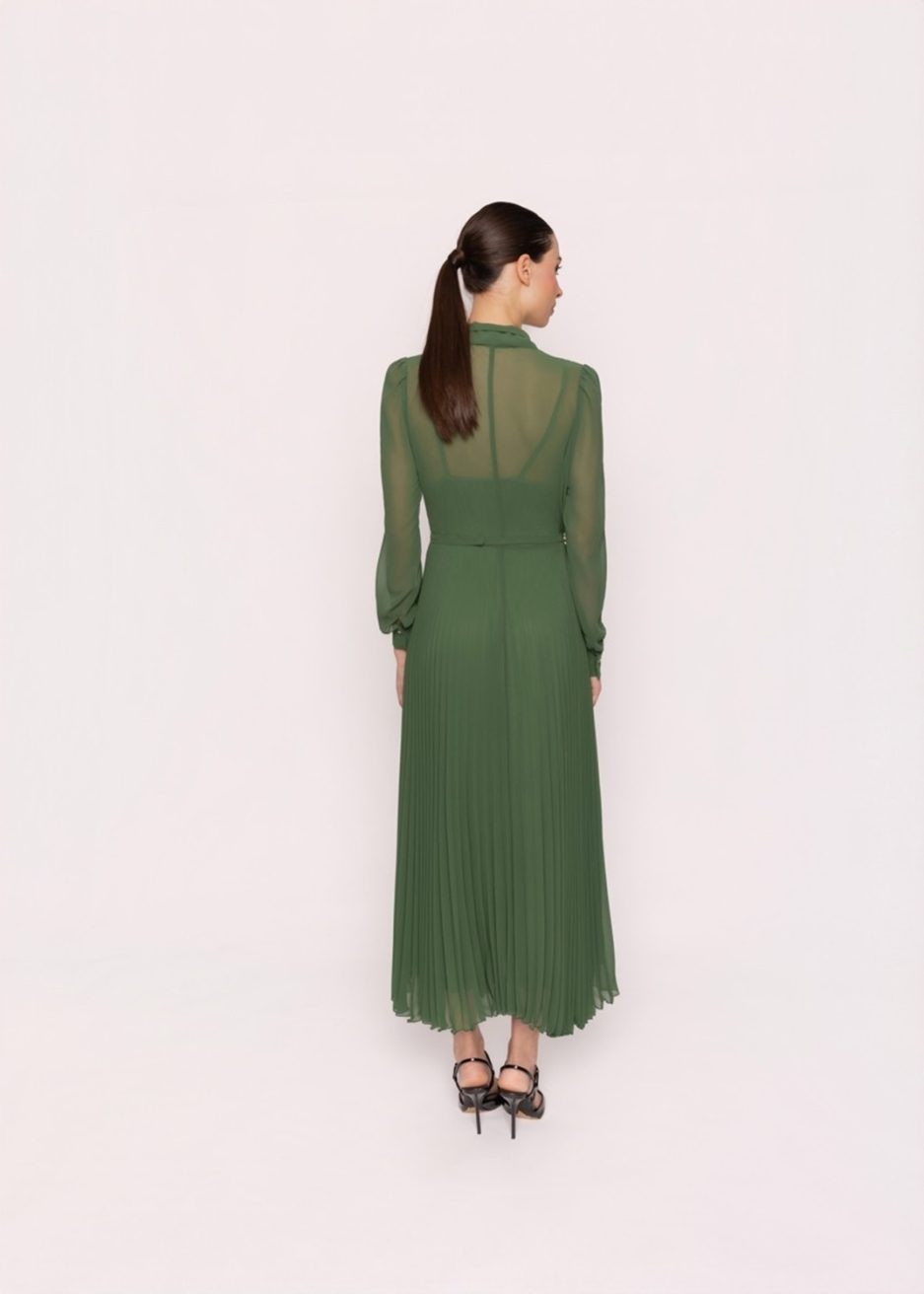 Olive Green Midi Dress with Sheer Sleeves and Pleated Skirt Olive Green Midi Dress with Sheer Sleeves and Pleated Skirt — Pleated Dress 2027