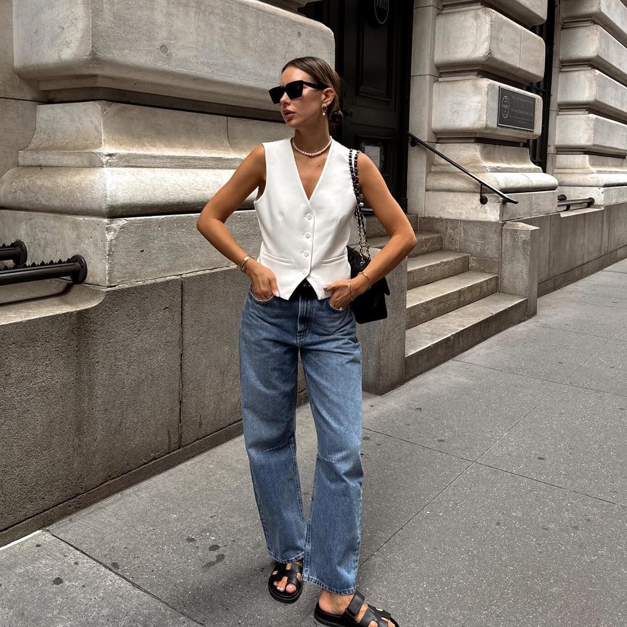 White Vest and Blue Jeans with Chunky Black Sandals White Vest and Blue Jeans with Chunky Black Sandals — Summer Outfits 2027 with Sandals
