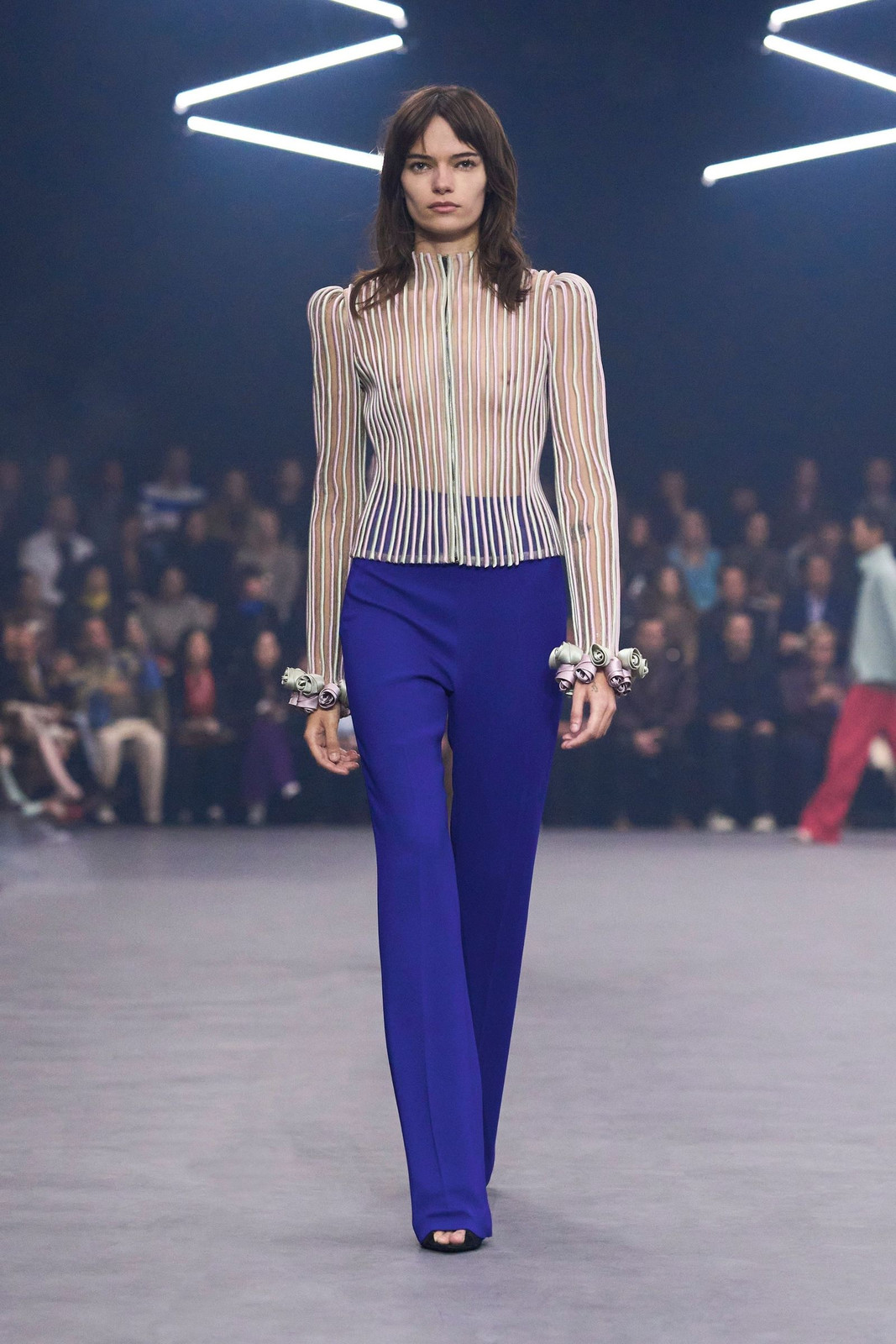 Cobalt Blue High-Waisted Trousers with Sheer Striped Top for Fashion Shows Cobalt Blue High-Waisted Trousers with Sheer Striped Top for Fashion Shows — Cobalt Blue Outfits 2027