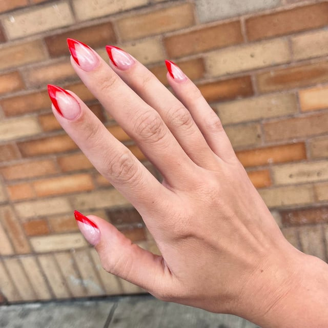 Red French Tips Clean Lines Visual Idea Red French Tips Clean Lines Visual Idea — Almond Press On Nails 2027