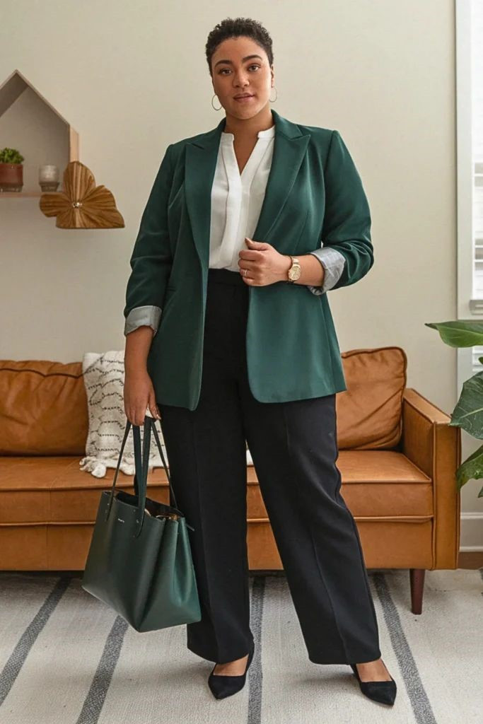 Business Casual: Black Trousers with Oversized Green Blazer Business Casual: Black Trousers with Oversized Green Blazer — Outfits 2027 for Black Women