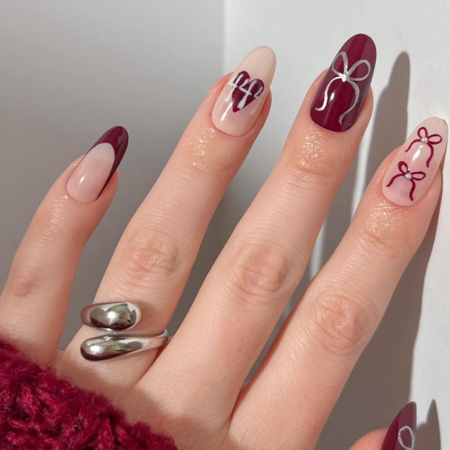 Burgundy Plaid and Bow Almond Nails Burgundy Plaid and Bow Almond Nails — Winter Red Nails 2027
