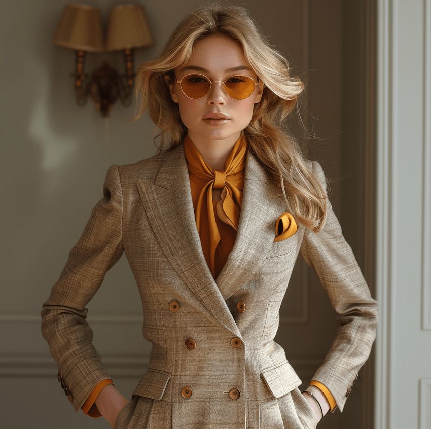 Sophisticated Plaid: Beige Blazer and Mustard Yellow Blouse Sophisticated Plaid: Beige Blazer and Mustard Yellow Blouse — Interview Outfits 2027