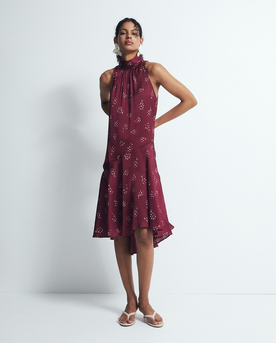 Burgundy Floral Halter Neck Midi with Asymmetrical Hem — Semi Formal Dresses 2027