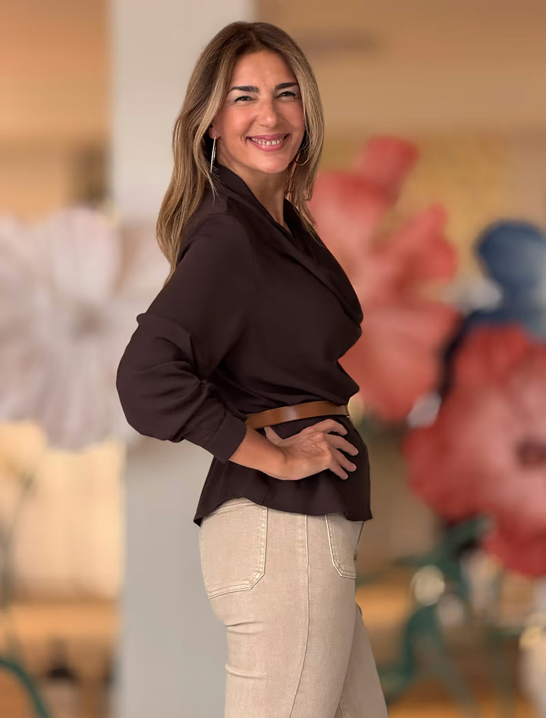 Belted Brown Blouse with Textured Trousers: Sophisticated Business Casual Belted Brown Blouse with Textured Trousers: Sophisticated Business Casual — Business Professional Outfits 2027