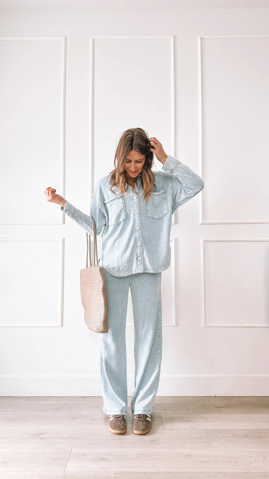 Light Blue Denim Shirt and Straight-Leg Trouser Coordinated Set Light Blue Denim Shirt and Straight-Leg Trouser Coordinated Set — Matching Set Outfits 2027