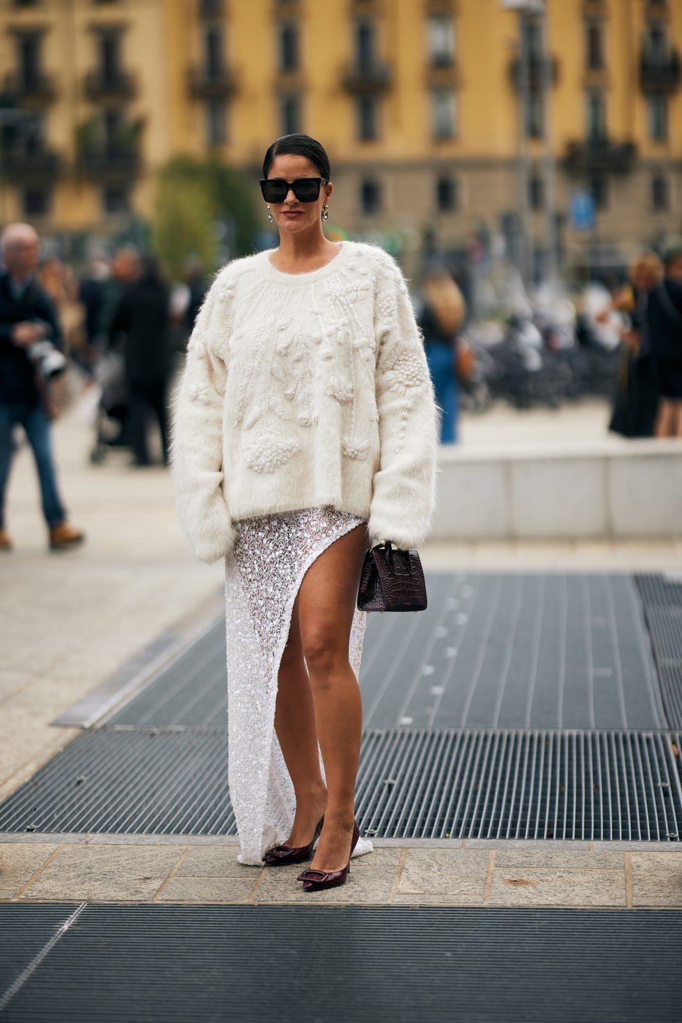 White Textured Sweater with Sequin Skirt White Textured Sweater with Sequin Skirt — Oversized Sweater Outfits 2027