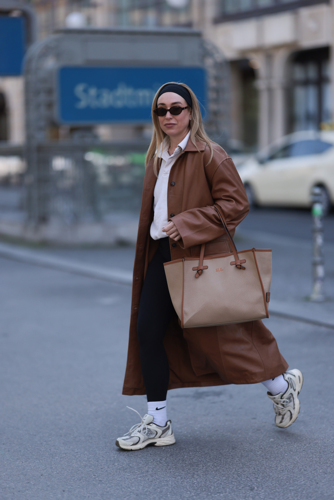 Leather Trench Coat and Leggings with Neutral Sneakers Leather Trench Coat and Leggings with Neutral Sneakers — Spring Outfits 2027 with Sneakers