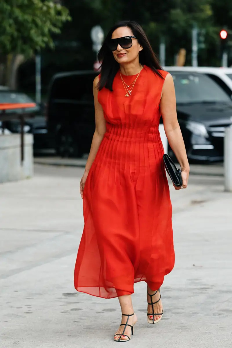 Flowing Red Midi Dress for Daytime Elegance Flowing Red Midi Dress for Daytime Elegance — Summer Outfits 2027 for Women Over 50