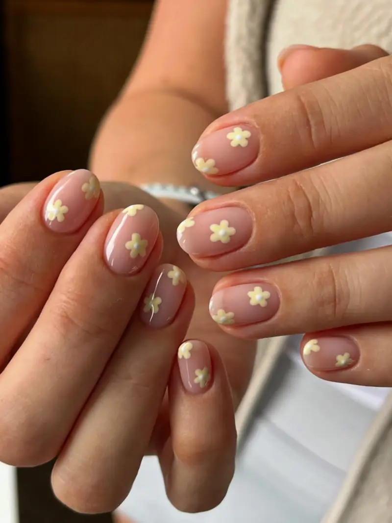 Sheer Nude With Light Yellow Flowers Sheer Nude With Light Yellow Flowers — Nails 2027 for Everyday