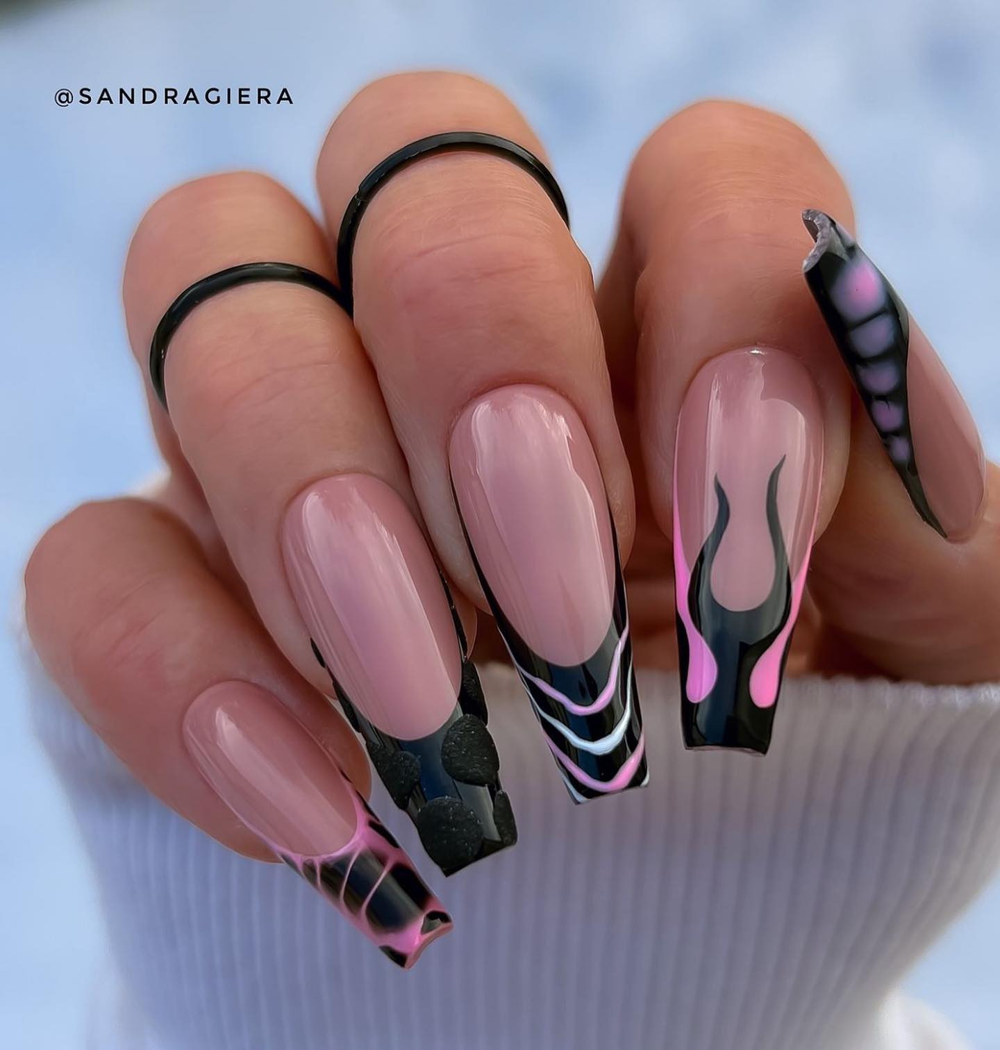 Sheer Pink Flame Stripe Birthday Coffin Nails — Birthday Nails Coffin 2027