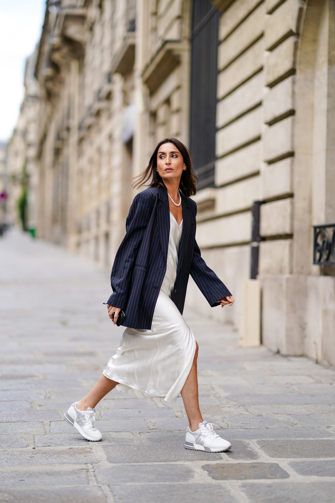 Silk Slip Dress Layered With Oversized Navy Pinstripe Blazer Silk Slip Dress Layered With Oversized Navy Pinstripe Blazer — Sneakers 2027 with Dress Outfits