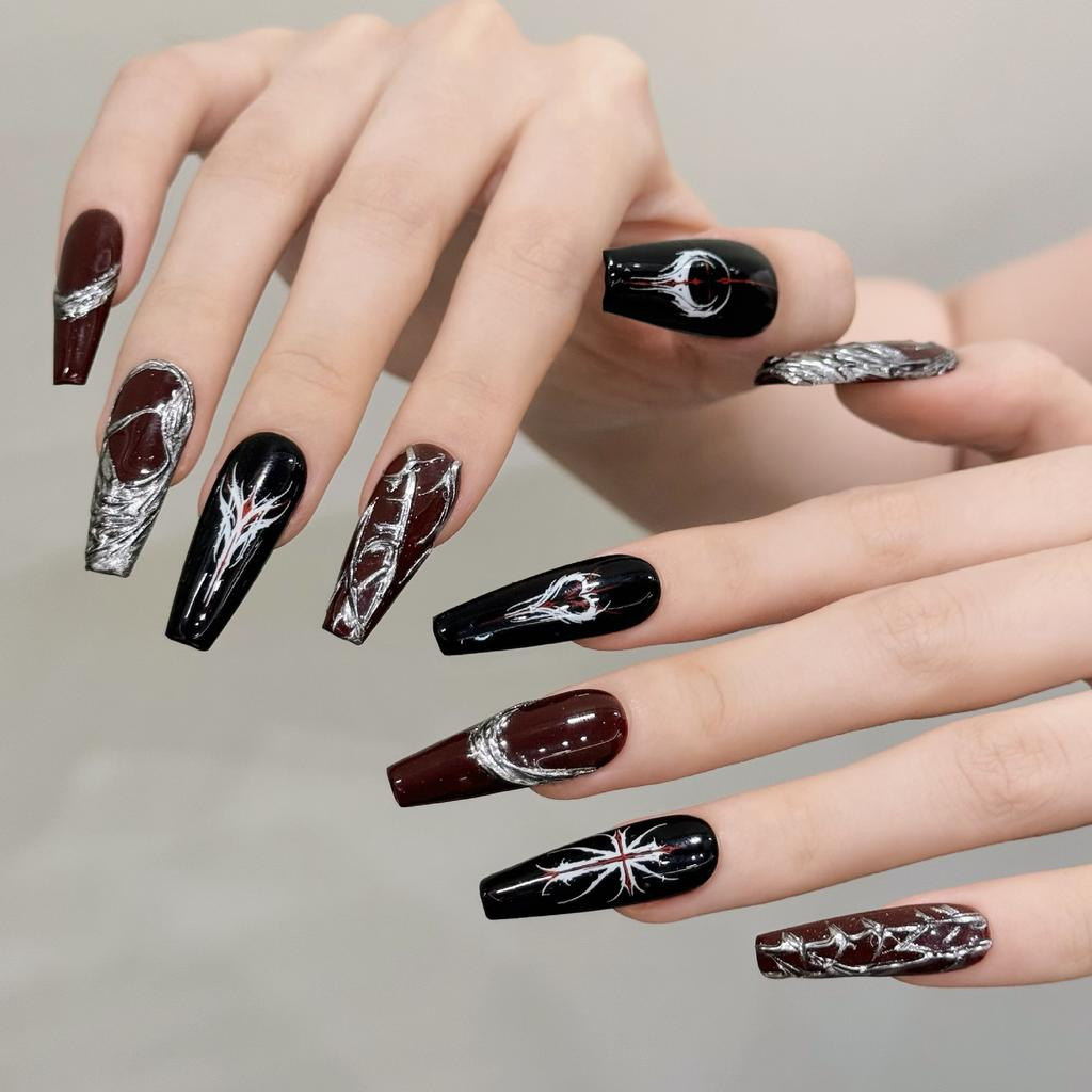 Uñas Postizas Largas Ataúd Uñas Falsas Góticas Oscuras Uñas Acrílicas Negras Punk Uñas Falsas Reutilizables Brillantes Artificiales Cobertura Completa Uñas Falsas para Mujeres Compra barata en Joom