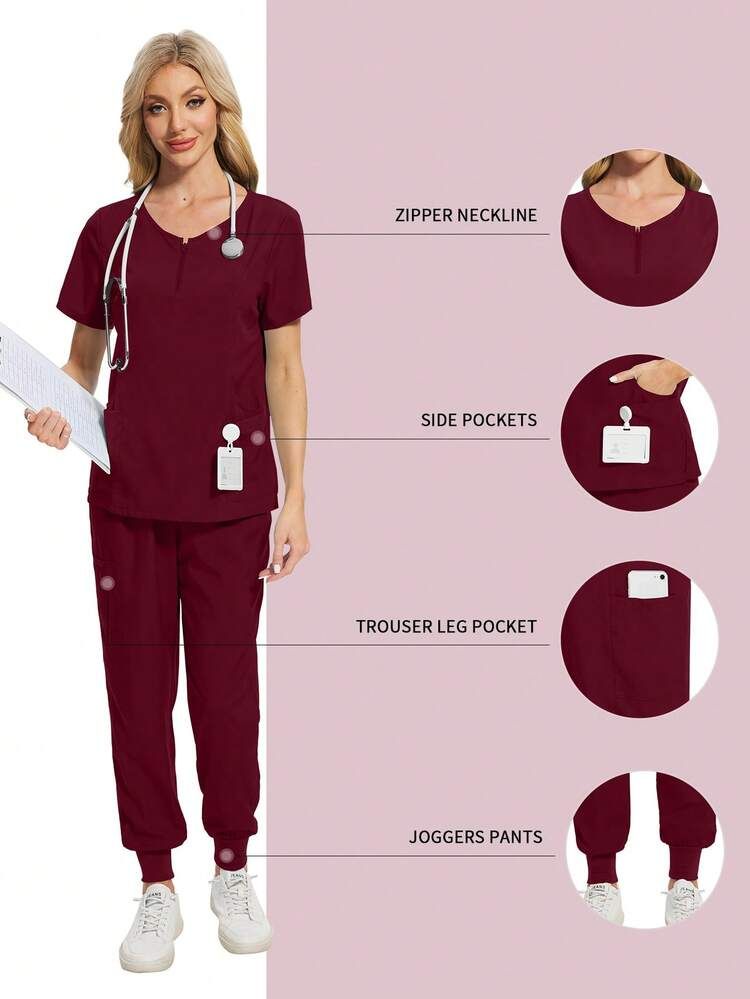 Maroon Zipper Neckline Scrubs with Jogger Pants — Nurse Outfits 2027
