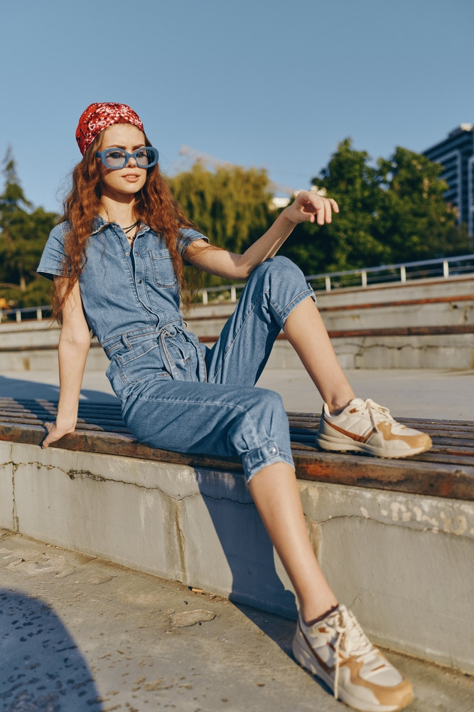 Denim Jumpsuit with Bandana and Statement Sunglasses — Austin Outfits 2027